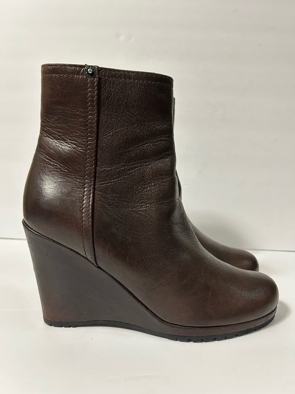 Prada Sport Womens Side Zip Wedge Heel QuietLuxury Booties Brown Leather Size 37